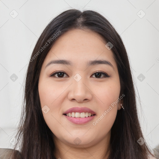 Joyful white young-adult female with long  brown hair and brown eyes