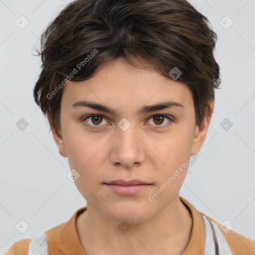 Neutral white young-adult female with short  brown hair and brown eyes