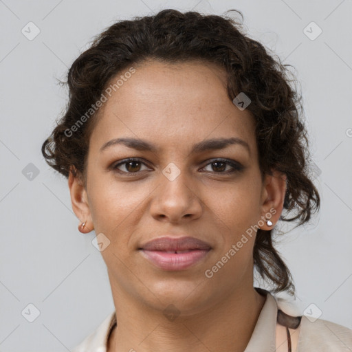 Joyful latino young-adult female with short  brown hair and brown eyes