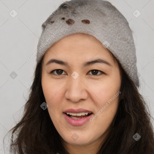 Joyful white young-adult female with long  brown hair and brown eyes