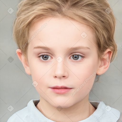 Neutral white child female with short  brown hair and grey eyes