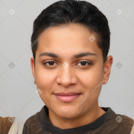 Joyful latino young-adult female with short  black hair and brown eyes