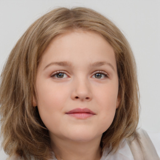 Neutral white child female with medium  brown hair and blue eyes