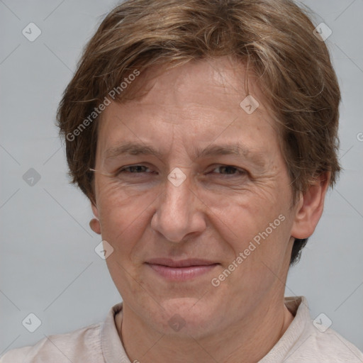 Joyful white adult female with short  brown hair and brown eyes