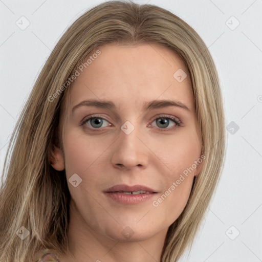 Joyful white young-adult female with long  brown hair and green eyes