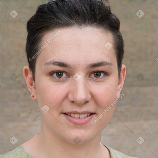 Joyful white young-adult female with short  brown hair and brown eyes