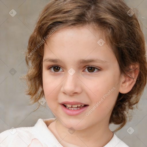 Joyful white child female with medium  brown hair and brown eyes