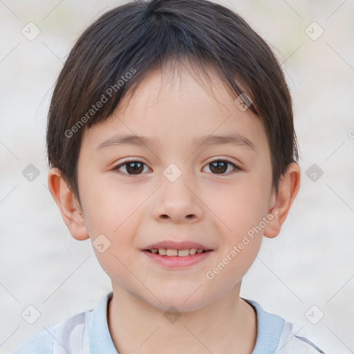 Joyful white child female with short  brown hair and brown eyes