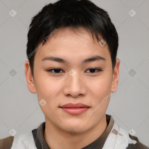 Joyful asian young-adult female with short  brown hair and brown eyes