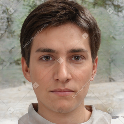 Neutral white young-adult male with short  brown hair and brown eyes