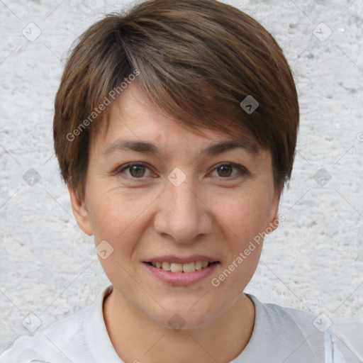 Joyful white adult female with short  brown hair and brown eyes