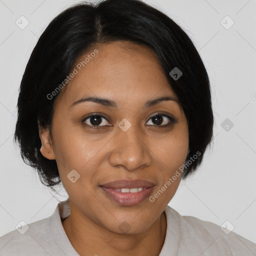 Joyful latino young-adult female with medium  brown hair and brown eyes