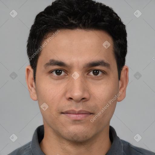 Neutral white young-adult male with short  black hair and brown eyes