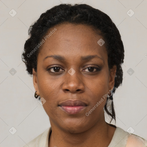 Neutral black young-adult female with short  black hair and brown eyes