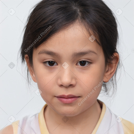 Joyful white child female with medium  brown hair and brown eyes