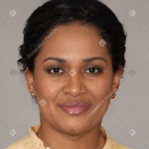 Joyful latino adult female with short  brown hair and brown eyes