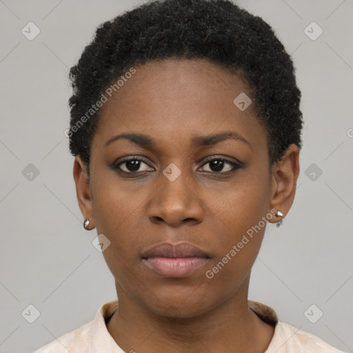 Neutral black young-adult female with short  black hair and brown eyes