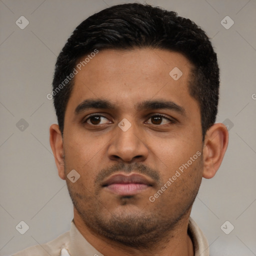 Neutral black young-adult male with short  black hair and brown eyes