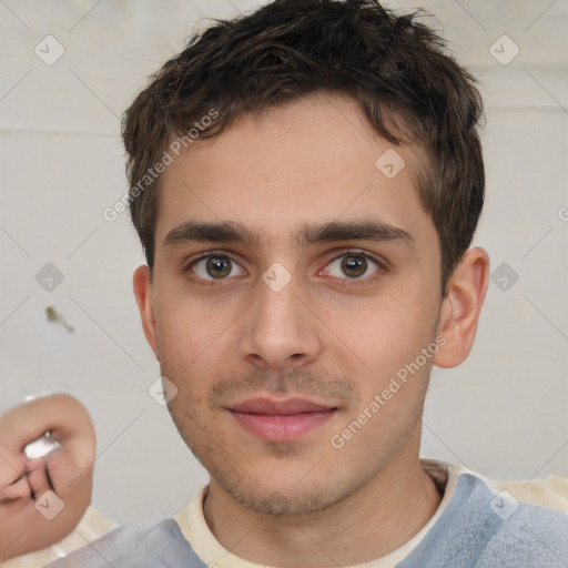 Neutral white young-adult male with short  brown hair and brown eyes