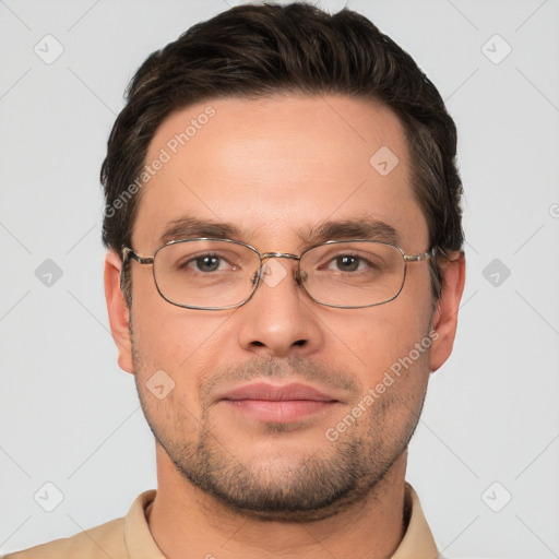 Joyful white young-adult male with short  brown hair and brown eyes