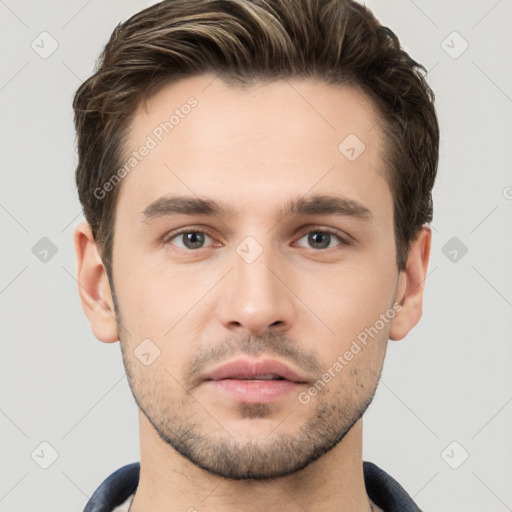 Neutral white young-adult male with short  brown hair and brown eyes