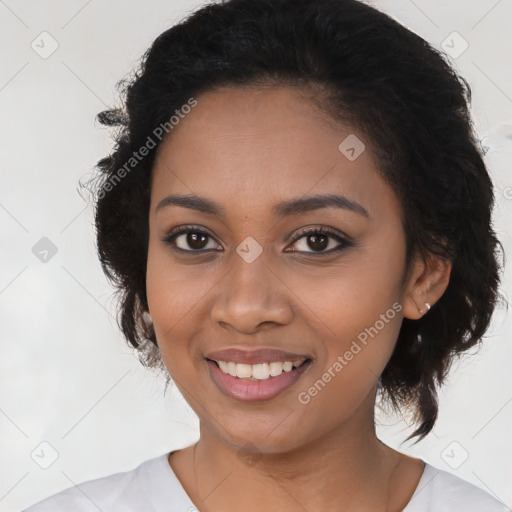 Joyful latino young-adult female with medium  black hair and brown eyes