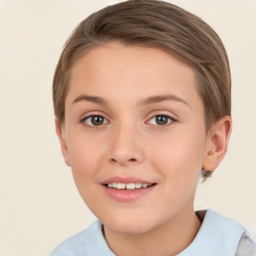 Joyful white child female with short  brown hair and brown eyes