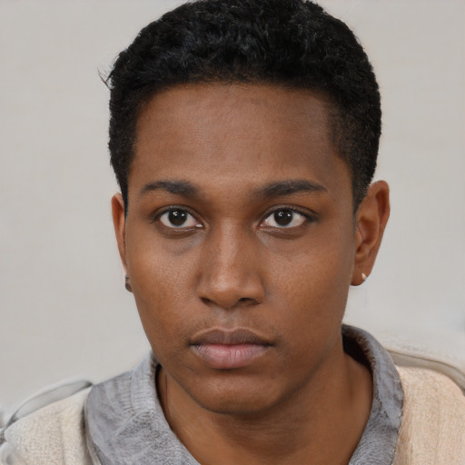 Neutral black young-adult male with short  black hair and brown eyes