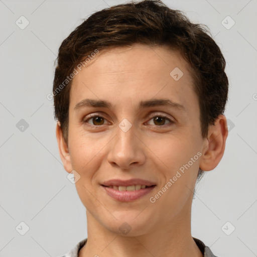 Joyful white young-adult female with short  brown hair and brown eyes