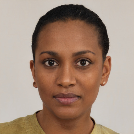Neutral black young-adult female with short  black hair and brown eyes