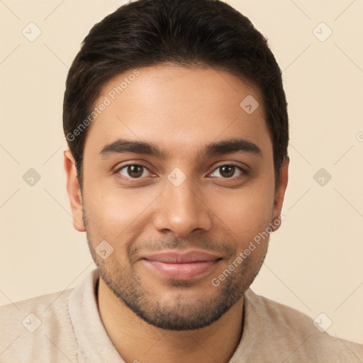 Joyful white young-adult male with short  brown hair and brown eyes