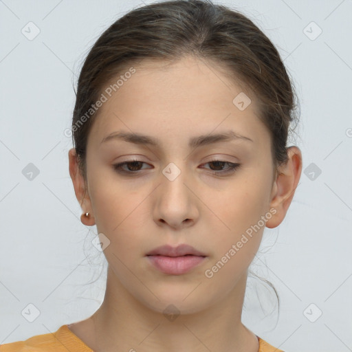 Neutral white young-adult female with medium  brown hair and brown eyes