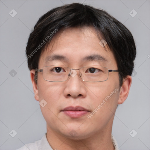 Neutral asian adult male with short  brown hair and brown eyes