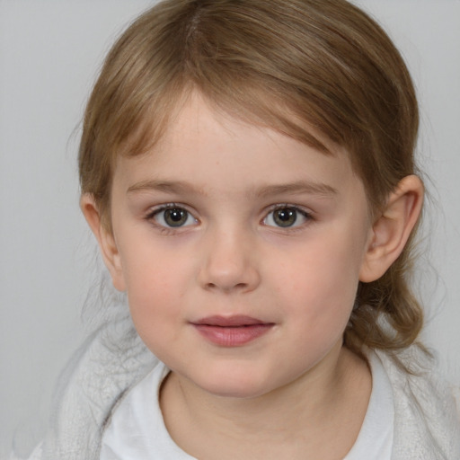 Neutral white child female with medium  brown hair and grey eyes