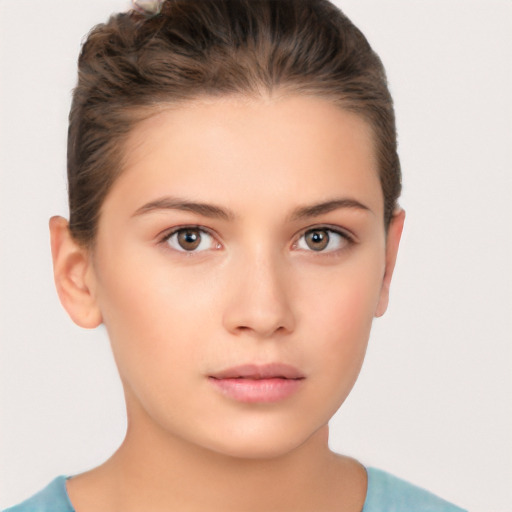 Neutral white young-adult female with medium  brown hair and brown eyes