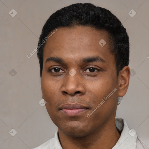 Neutral black young-adult male with short  black hair and brown eyes