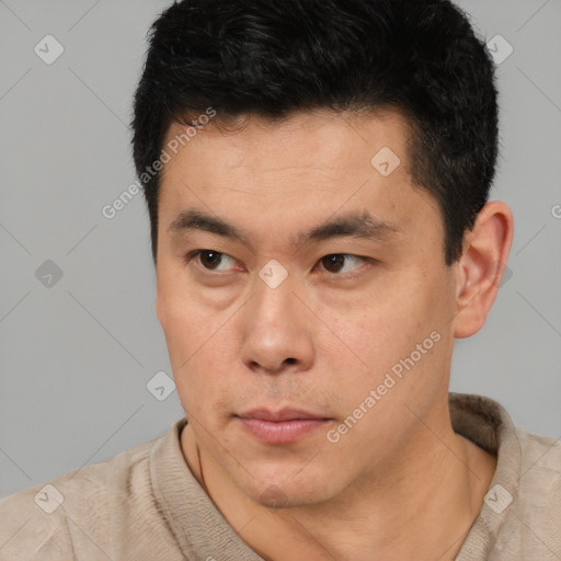 Neutral asian young-adult male with short  black hair and brown eyes