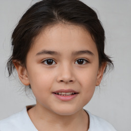 Joyful white child female with medium  brown hair and brown eyes