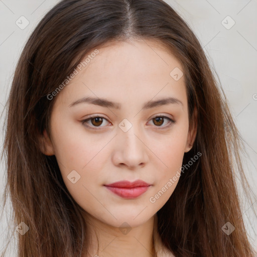 Neutral white young-adult female with long  brown hair and brown eyes