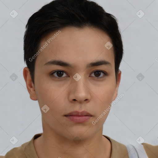 Neutral asian young-adult female with short  brown hair and brown eyes