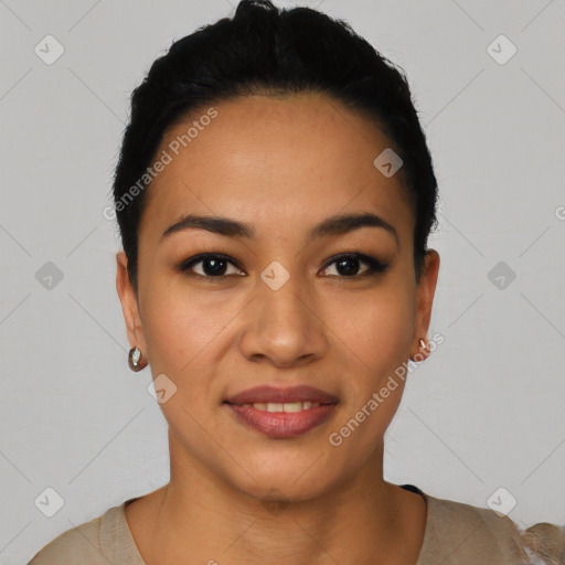 Joyful latino young-adult female with short  black hair and brown eyes