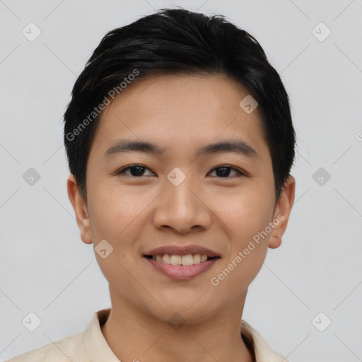 Joyful asian young-adult male with short  black hair and brown eyes