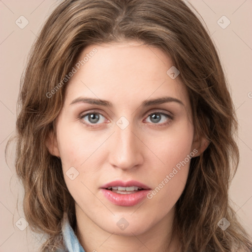 Joyful white young-adult female with long  brown hair and green eyes