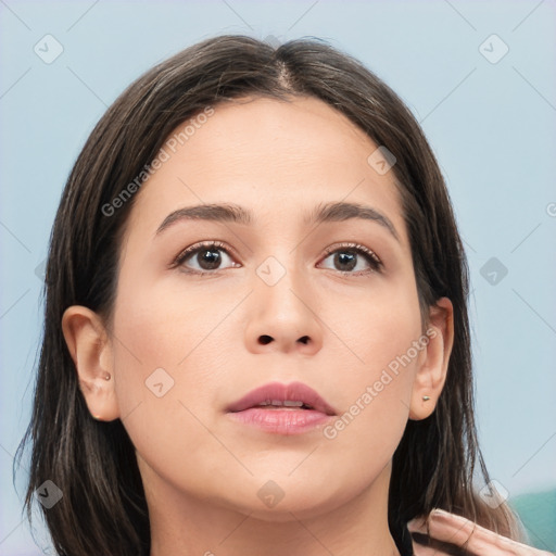 Neutral white young-adult female with medium  brown hair and brown eyes