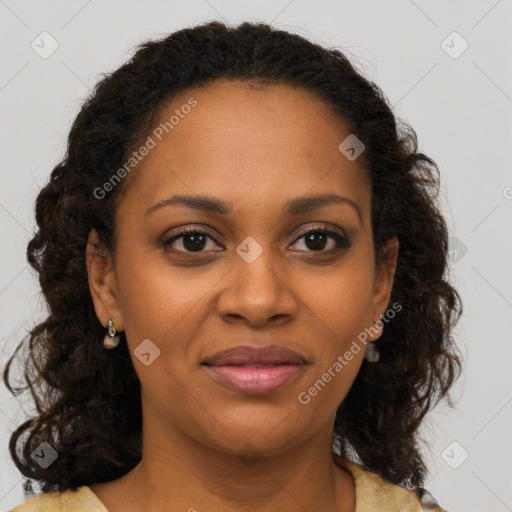 Joyful black young-adult female with medium  brown hair and brown eyes