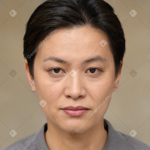 Joyful white young-adult female with medium  brown hair and brown eyes