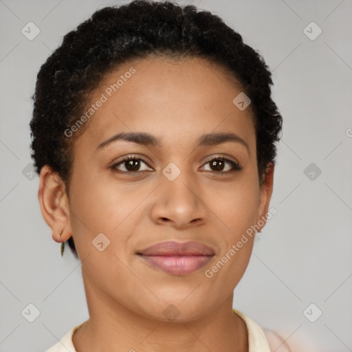 Joyful latino young-adult female with short  brown hair and brown eyes