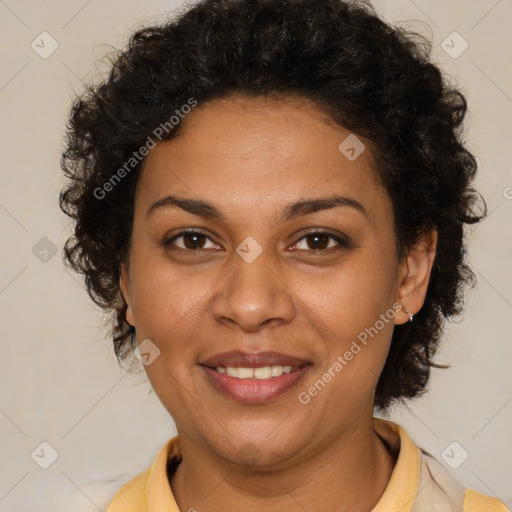 Joyful latino adult female with short  brown hair and brown eyes