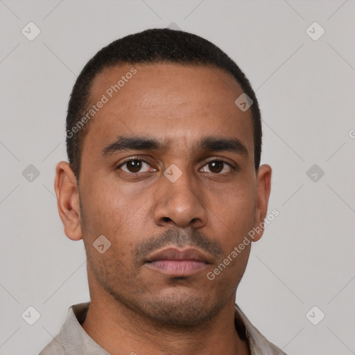 Neutral latino young-adult male with short  black hair and brown eyes