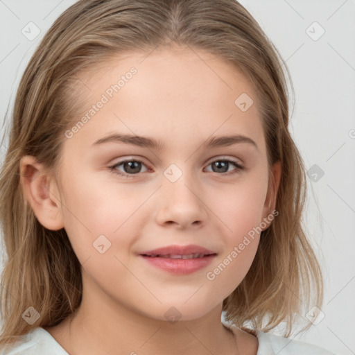 Joyful white child female with medium  brown hair and brown eyes